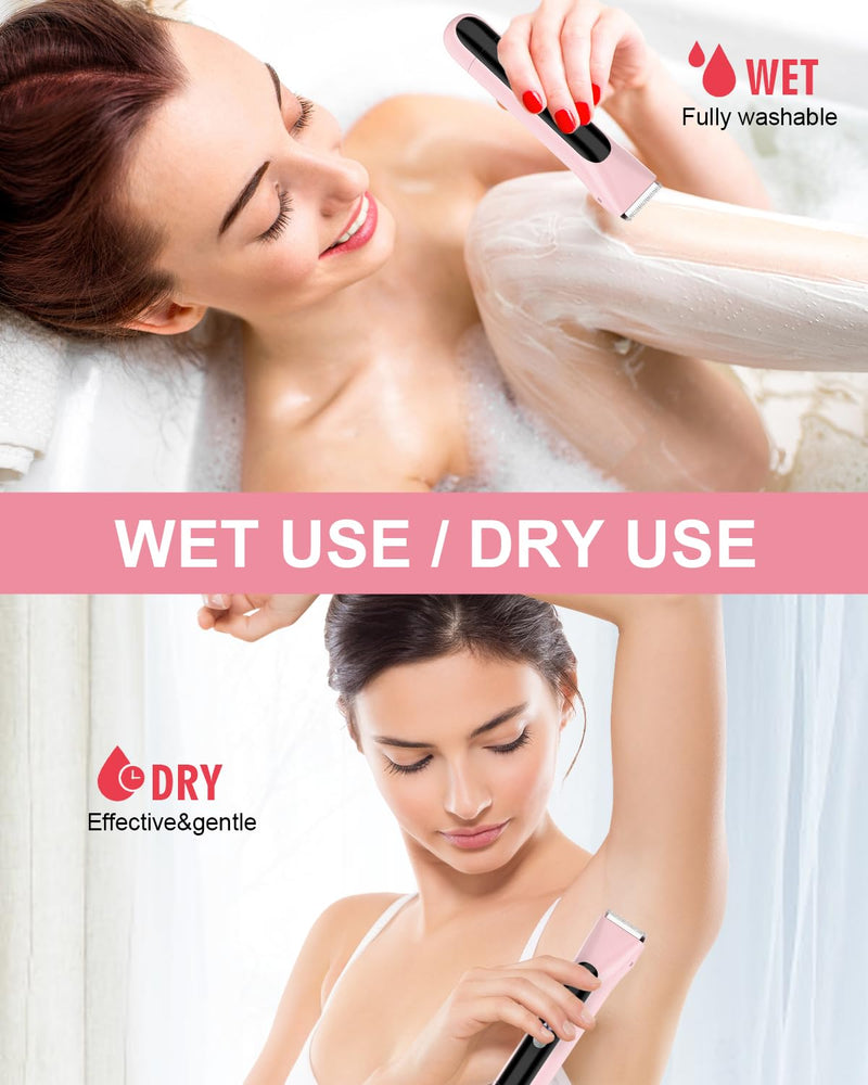 Bikini Trimmer for Women Pubic Hair,Electric Razors with Dual Heads for Body, Rechargeable IPX7 Waterproof Bikini Shaver for Travel,Facial Hair Remover for Leg Arm Face Pink