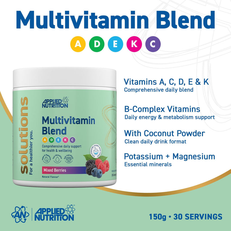 Applied Nutrition Solutions Multivitamin Powder - Daily Multivitamin Drink with Essential Vitamins & Minerals, Energy Immune & Wellness Support Zero Sugar (150g - 30 Servings) (Mixed Berries) Mixed Berries 150 g (Pack of 1)