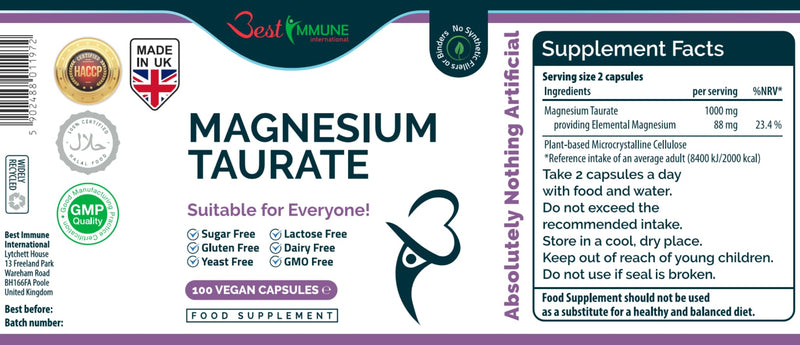 [Australia] - Natural magnesium taurate 500mg premium quality ideal strength 100 vegan capsules highest bioavailability 