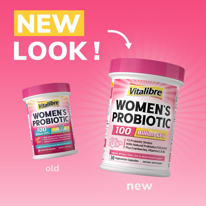 Vitalibre Probiotics for Women 100 Billion CFU 15 Strains, Daily Probiotic | 30 Vegan Capsules, Prebiotic Supplement with Organic Cranberry to Support Vaginal, Digestive, Immune Health, Shelf Stable 30 Count (Pack of 1)