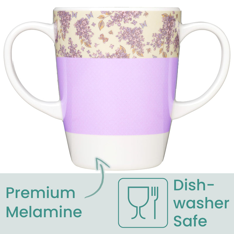 Two Handled Melamine Mug – Lightweight 126g, 400ml/14oz Capacity – Daily Living Mobility Aid for Elderly, Dementia, Tremors, Arthritis, & Weak Grip (Lilac) Lilac