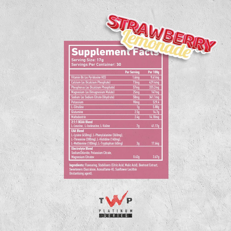 TWP Nutrition Platinum Series Endure, EAAs & BCAAs Electrolyte Blend Pre, Intra and Post Workout, Zero Sugar, 510g and 30 Servings, 20 Great Flavours (Strawberry Lemonade) Strawberry Lemonade