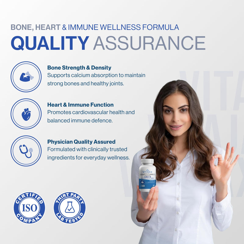 ADK 10 - Vitamin ADK Supplement, 180 Capsules - High Potency Vitamin A, D3(10,000 IU) K2 as MK-7 for Bone, Heart & Calcium Absorption – Non-GMO, Gluten Free (6 Month Supply) 2 Pack 90 Count (Pack of 2)
