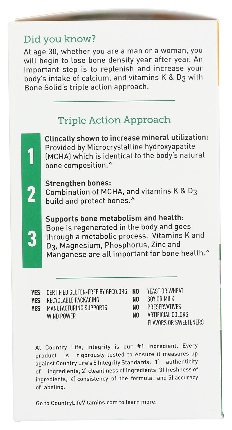Country Life Bone Solid - Bone Health Supplement with Microcrystalline Hydroxyapatite (MCHA), Calcium, Magnesium, Zinc, Vitamins K2 & D3 for Enhanced Bone Strength & Metabolism - 180 Capsules 180 Count (Pack of 1)