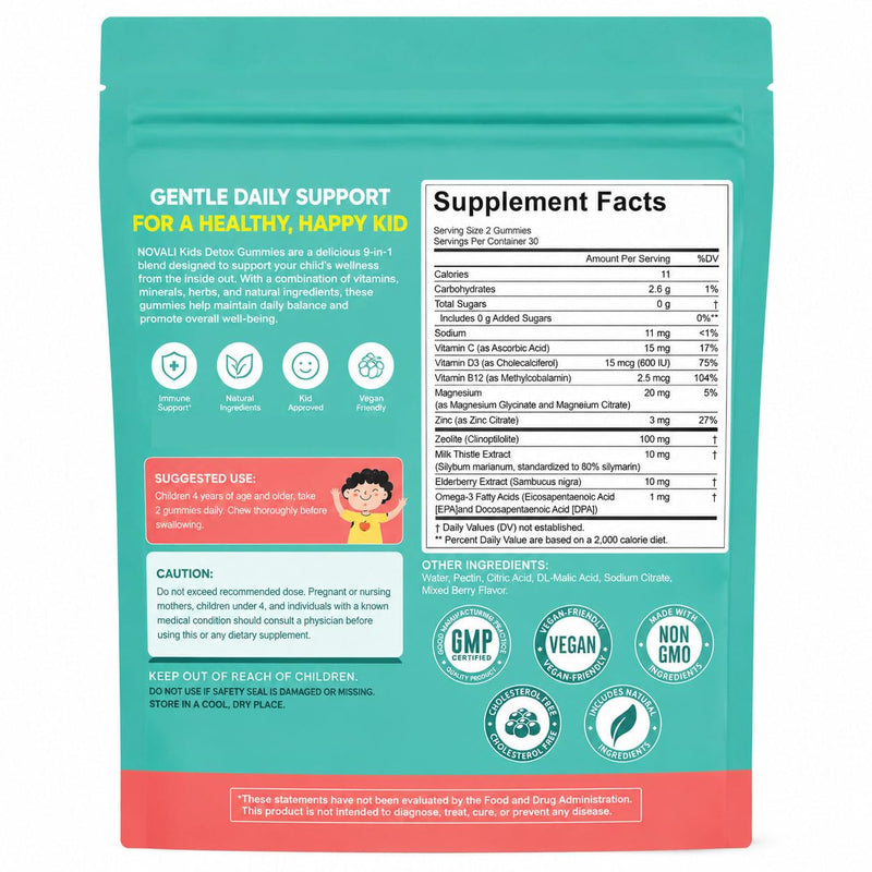 Novali - Kids Detox & Multivitamin Gummies, 9-in-1 with Zeolite, Omega-3, Magnesium, Elderberry, Vitamin D3, Vitamin C, Milk Thistle, Zinc,B12, 60 Gummies