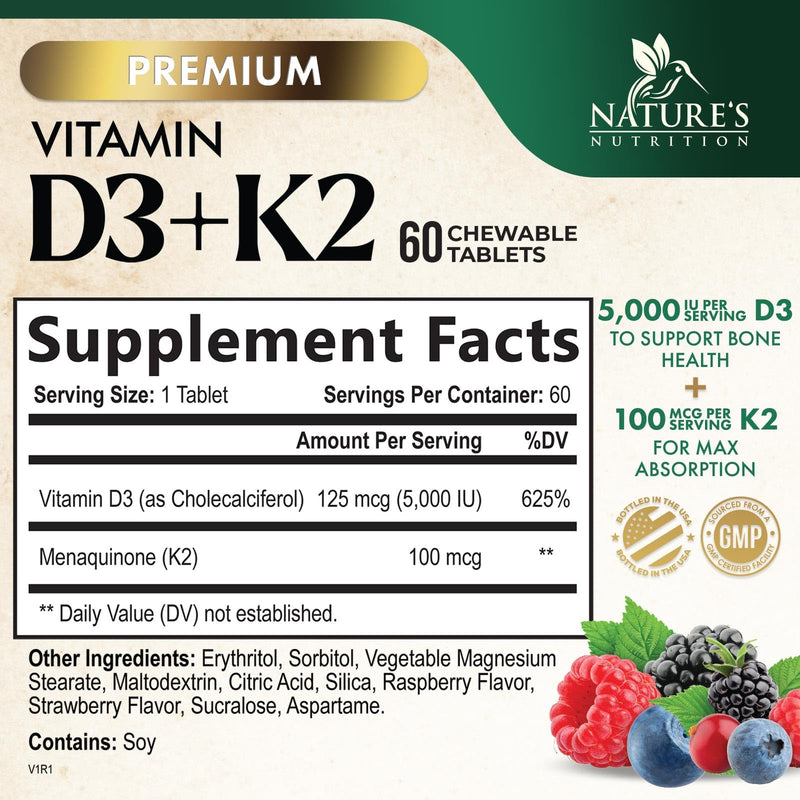 Vitamin D3 K2 Supplement | 5000 IU D3 + K2 100 mcg | MK-7 K2 with Vitamin D | Supports Immune, Heart, Teeth & Bone Health - Nature's Easy to Chew, VIT D3 K2, Non-GMO, Tasty Berry Flavor - 60 Tablets 60 Count (Pack of 1)