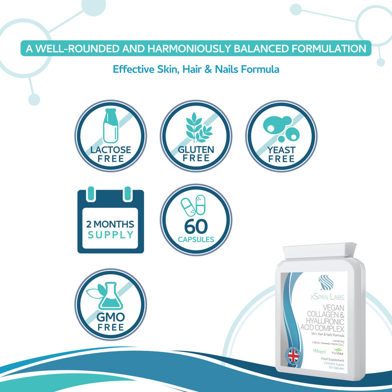Vegan Collagen & Hyaluronic Acid Complex - 60 Capsules - Effective Skin, Hair & Nails Formula with 500mg of Vollagen in the Exact Amino ratios of Human Collagen