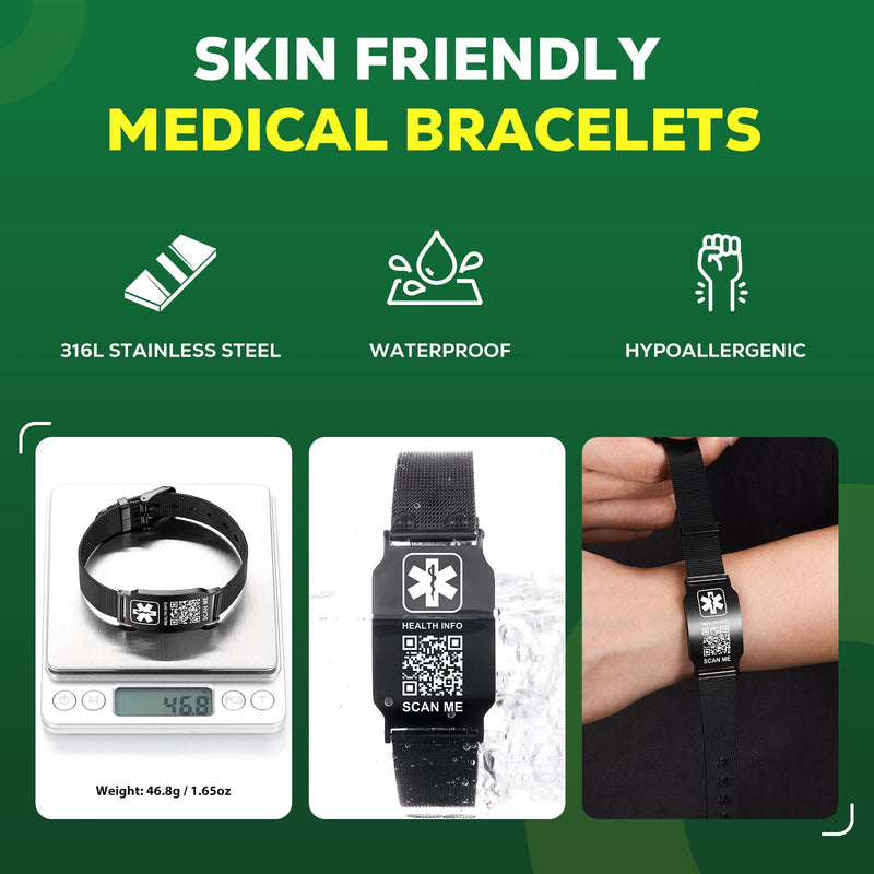 [Australia] - Upgraded Medical Bracelets Men Women with QR Code Medical Alert ID Bracelets - Titanium Steel Wristband Fits Wrists Up 8''-10'' - More Space Custom Emergency Medical ID Info 9.84'' Stainless Steel Mesh Watch Band - Black 