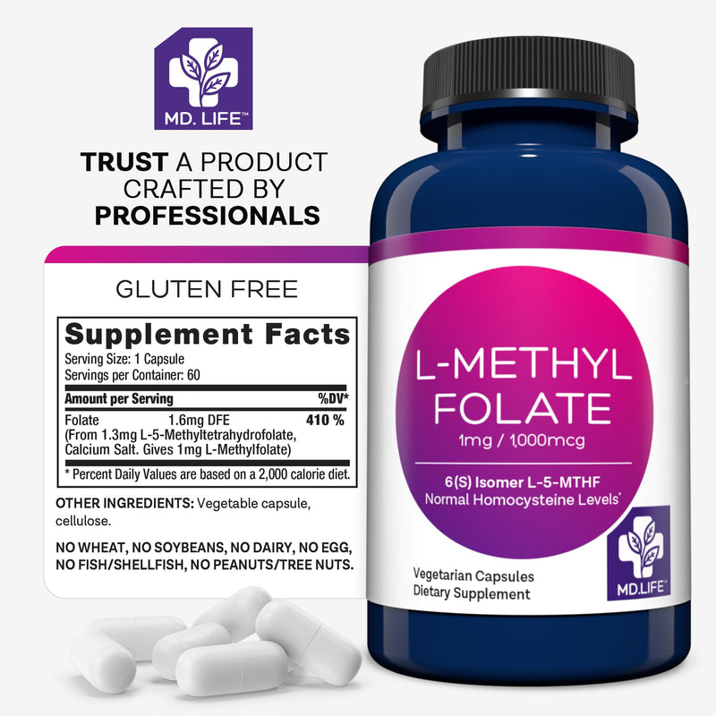 MD. Life L-Methylfolate 1 mg, Professional Grade, 30 Capsules, 5-MTHF | Active L-Methylfolate Supplement with Essential Amino Acids - Maximum Potency MTHFR Support - Doctor Designed, Made in USA 30 Count (Pack of 1)
