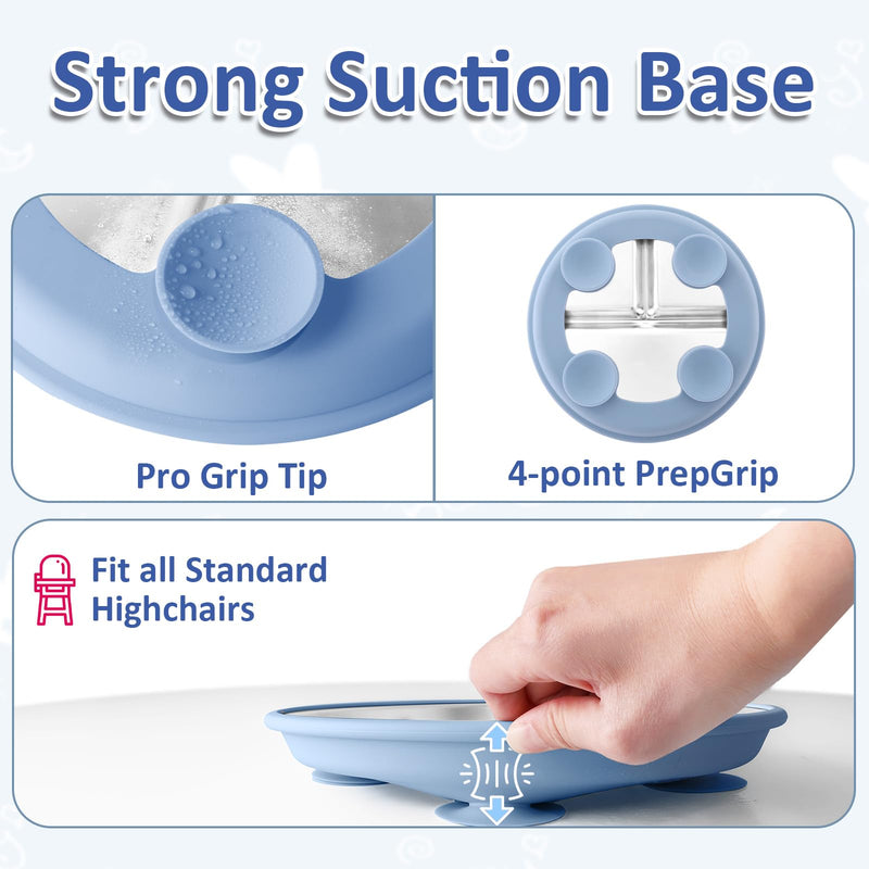 [Australia] - Stainless Steel Toddler Plate with Suction, 9‚Äù Divided Plates with Removable Silicone Sleeves for Kids, Non Toxic & BPA Free | Non Slip | Unbreakable Baby Snack Dishes Set of 2, Blue & Gray Suction- Blue & Gray 9" Round - 2 Packs 