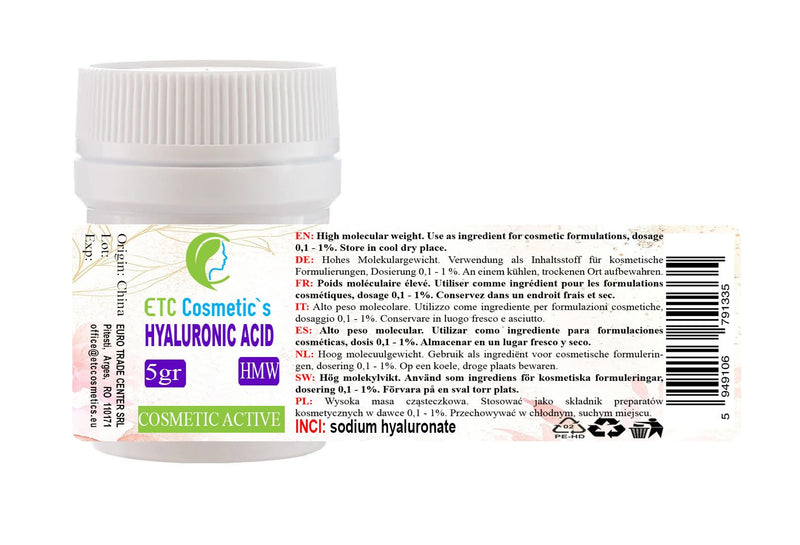 HYALURONIC Acid Powder - 5g HMW (HIGH Molecular Weight) 100% Natural and Strong Anti-Aging, Anti-Wrinkle Filler