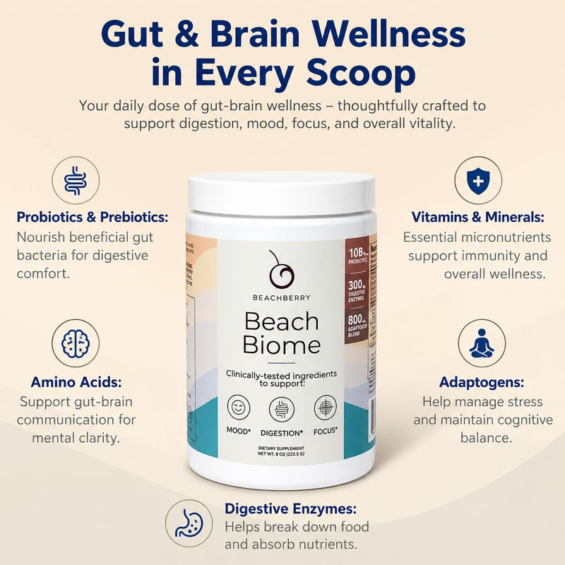 Gut Health & Brain Support Daily Powder – Chocolate - 30 Servings | Brain Support, Digestive Balance, Doctor-Formulated, 10 Clinically Studied Probiotics, Digestive Enzymes, Adaptogens