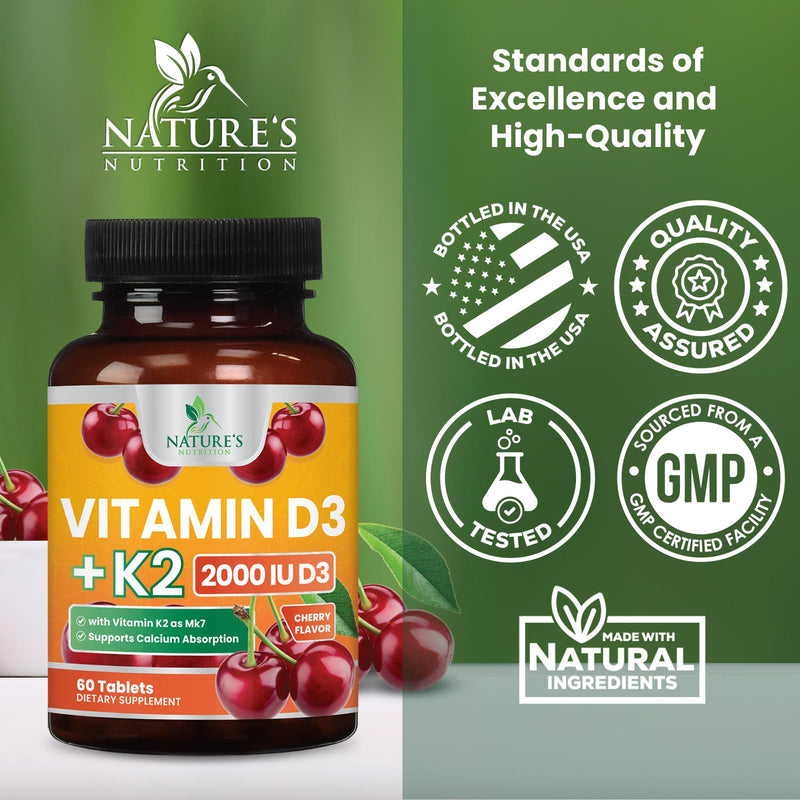 Vitamin D3 K2 Supplement - 2000 IU D3 Per Serving - Extra Strength MK-7 K with Vitamin D3 - For Immune Support, Heart, Teeth & Bone Health - Easy to Swallow D3K2 Chewable, Berry Flavor - 60 Tablets 60 Count (Pack of 1)