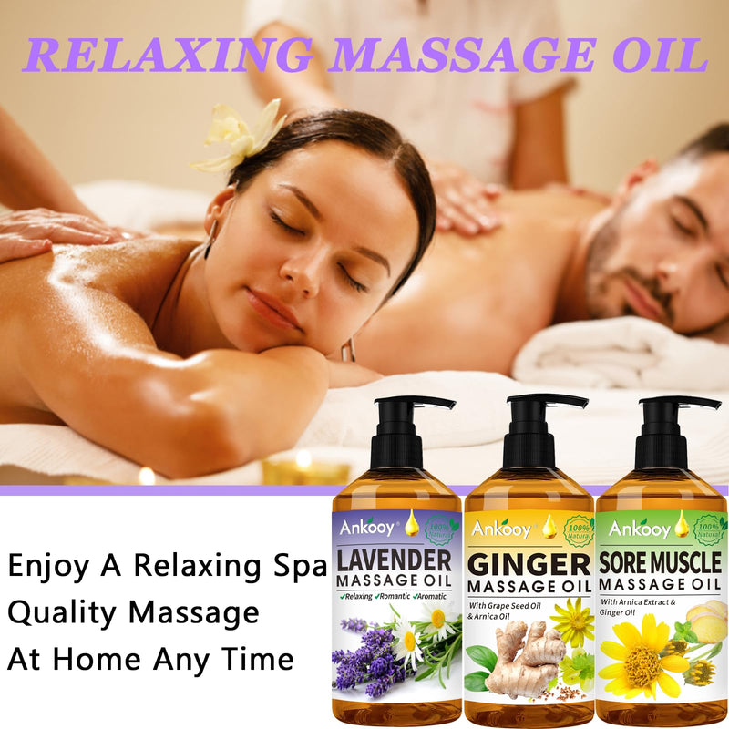 [Australia] - 3 Pack Massage Oil for Massage Therapy,Sore Muscle Oil Arnica Oil & Lavender Oil Massage Oil for Date Night & Ginger Oil for Lymphatic Drainage-Relaxing Massage Gifts Kit with Roller Massage Ball 