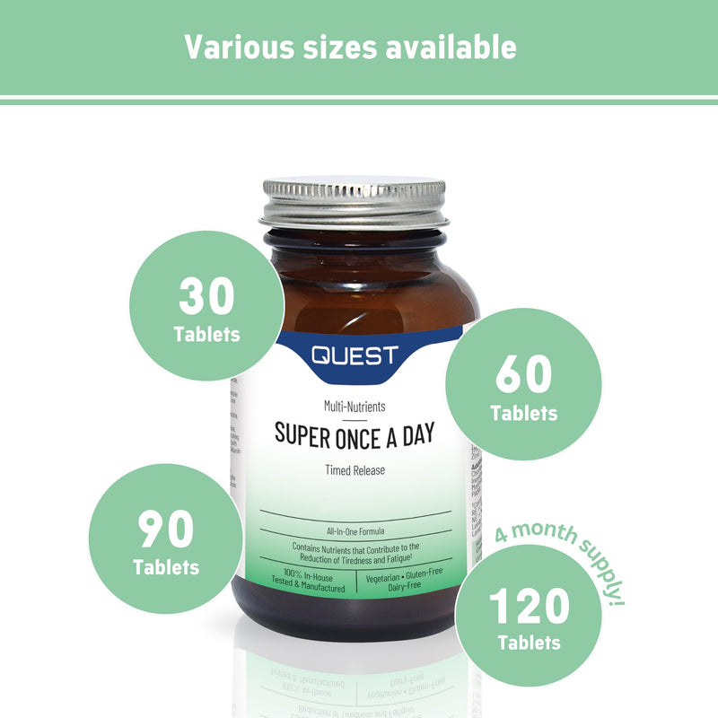 Quest Super Once A Day Multivitamin & Minerals 30x Tablets. 17 Vitamins & 12 Minerals with Vitamin A, B, C, D, Iron & Zinc for Men & Women. for Optimal Health, Reduces Fatigue & Immunity. (1 Pack) Unflavoured 30 count (Pack of 1)