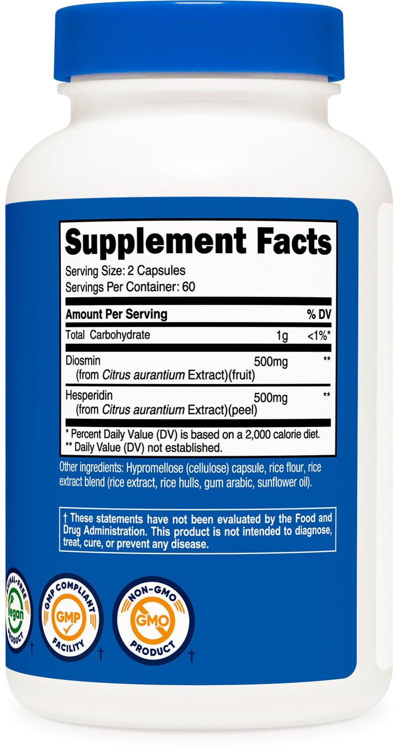 Nutricost Diosmin with Hesperidin (1000mg) Complex 120 Capsules, Vegan | 500mg of Diosmin and 500mg of Hesperidin per Serving, 60 Servings, GMO-Free, Gluten-Free 120 Count (Pack of 1)