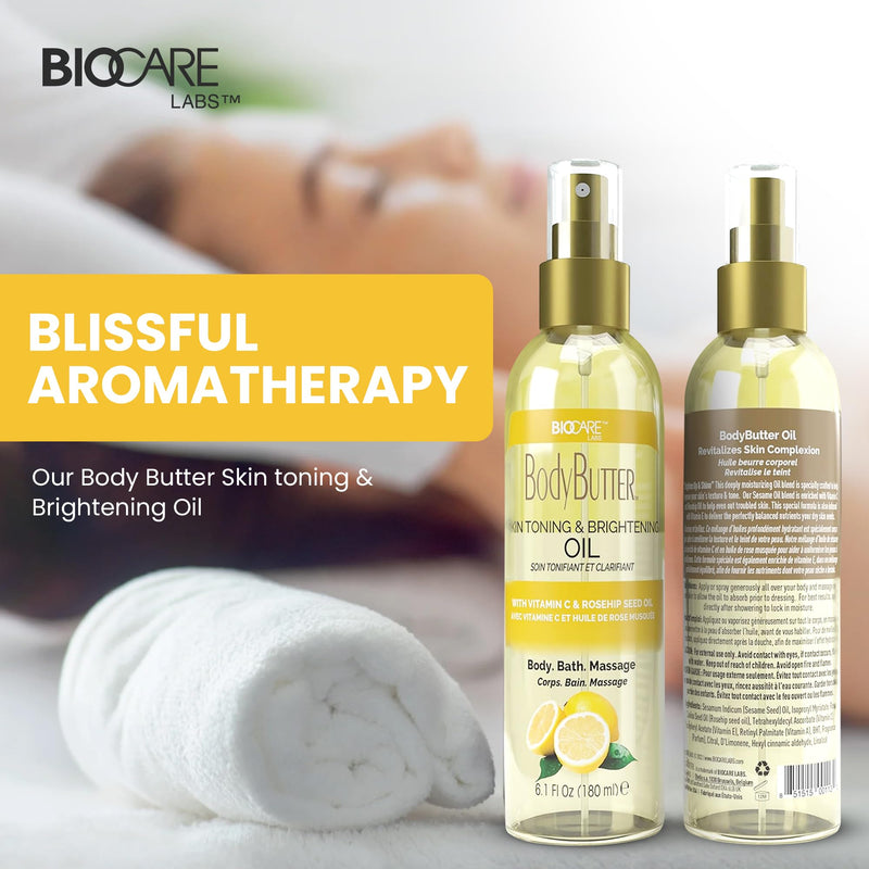 Biocare Skin Toning & Brightening Oil - Infused with Vitamin C, Rosehip Seed Oil, Vitamin E - Nourishing and Non-Greasy Body Oil for Hydrated, Radiant, Even Skin Texture and Complexion - 6 Oz