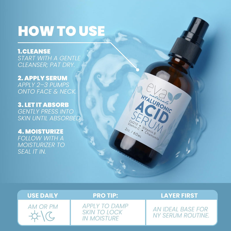 Eva Naturals Hyaluronic Acid Serum for Face, Vitamin B5 & Hydrating, 60 ml | Lightweight, daily moisturizer Regular 2 Fl Oz (Pack of 1)