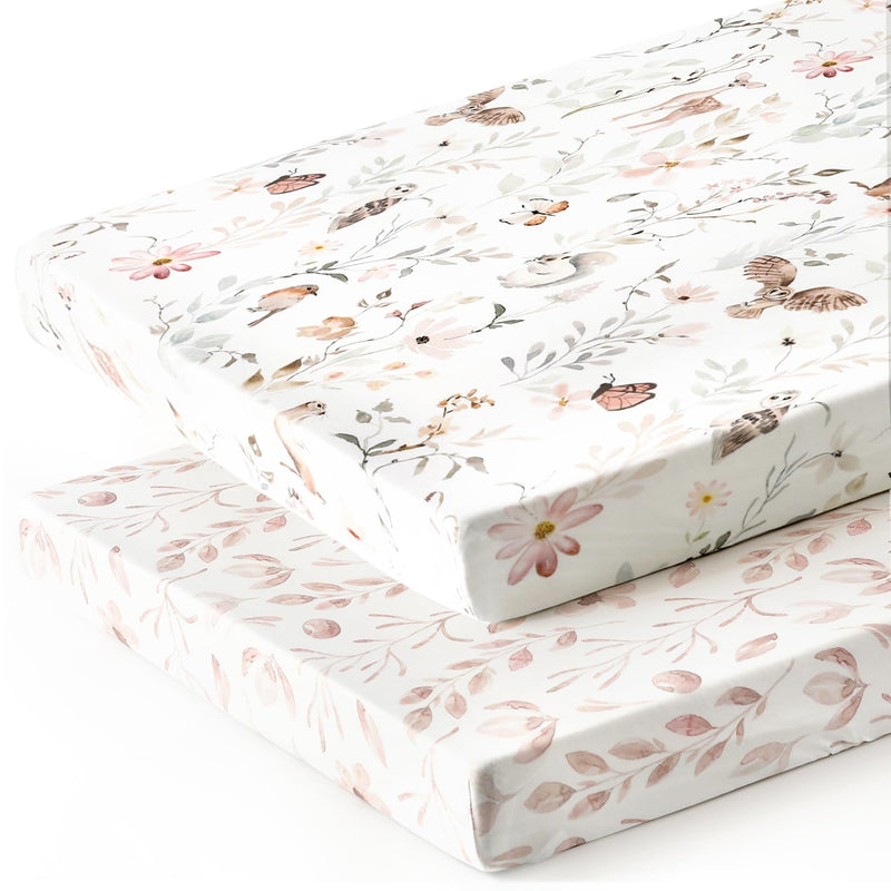 [Australia] - Pack n Play Sheets FItted 2 Pack, Stretchy Ultra Soft Jersey Knit Pack and Play Sheets, Universal Fitted Portable/Mini Crib Mattresses Snug and Safe, Beautiful Blush Pink Floral and Cute Animals Print 