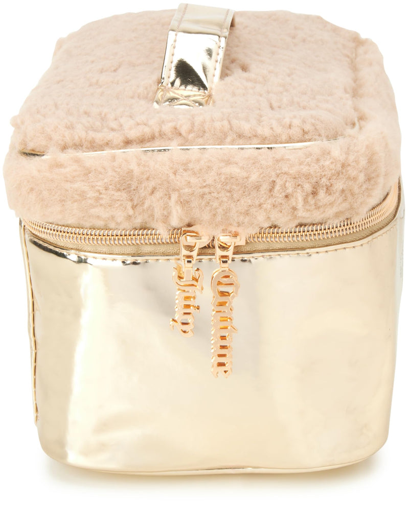 Juicy Couture Shiny Rhinestones Faux Shearling Gold Makeup Bag Cosmetics Organizer Travel Essentials Set