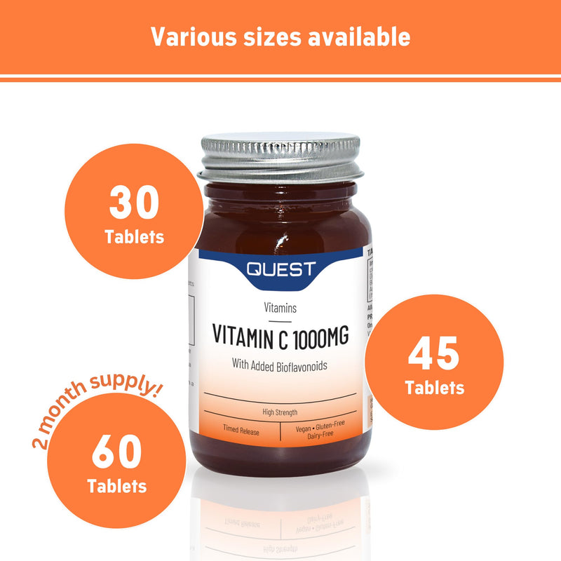 Quest - High Strength Vitamin C 1000mg with Bioflavonoids. Time Release Vitamin C Supplements for Immune Support, Collagen Production and Iron Absorption. Vegan & Gluten-Free (90 Tablets)