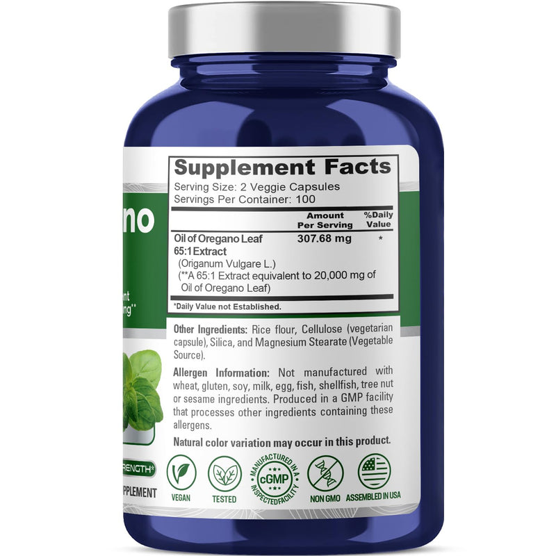 [Australia] - NusaPure Oregano Oil Extract 20000mg | 200 Veggie Capsules | Naturally Occurring Carvacrol | Powder, Non-GMO and Extract 65:1 