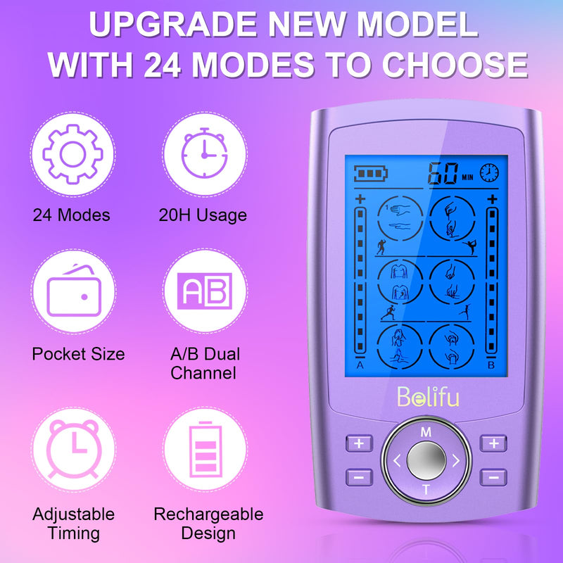 Belfiu TENS & PMS 24 Modes Muscle Stimulator for Pain Relief Therapy, Electronic Pulse Massager Muscle Massager with 10 Pads, Dust-Proof Drawstring Storage Bag, Fastening Cable Ties Purple