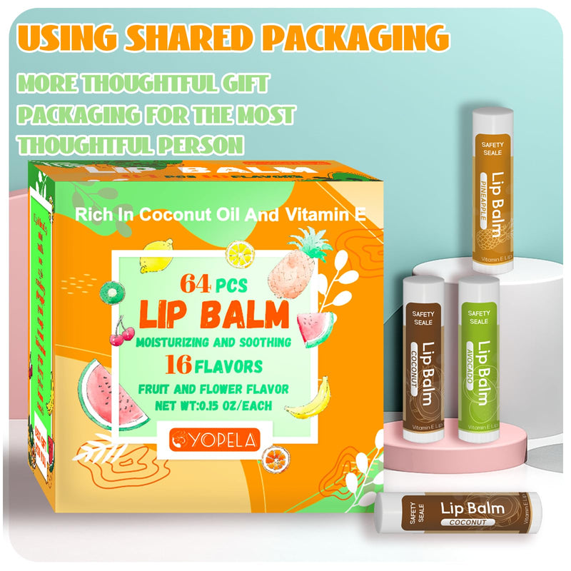 64 Pack Natural Lip Balm Bulk with Vitamin E and Coconut Oil - Moisturizing Dry Cracked Lips, Mini Chap Stick Gifts for Kids Women Men- 16 Flavors - Non-GMO Pack of 64
