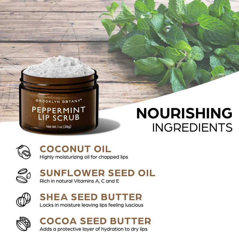 [Australia] - Brooklyn Botany Lip Scrub Exfoliator 1 oz – Lip Moisturizer for Dry Lips and Chapped Lips – Gentle Lip Exfoliator for Smooth and Brighter Lips – Peppermint Flavor Peppermint 1 Oz (Pack of 1) 1 Ounce (Pack of 1) 