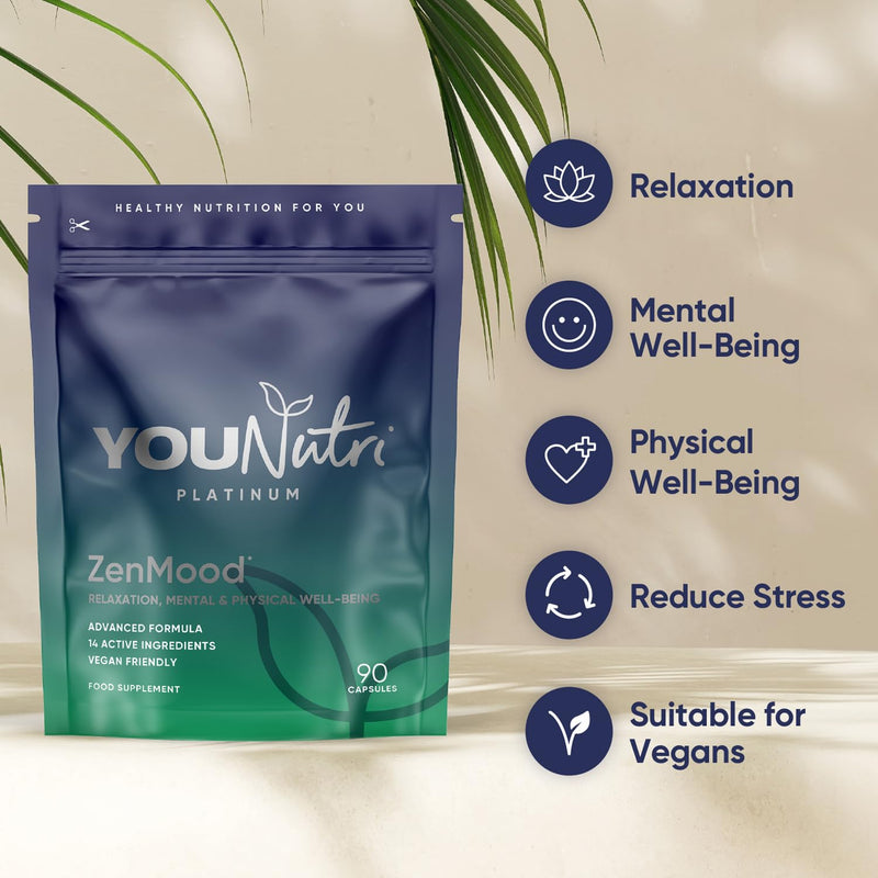 ZenMood for Relaxation, Mental & Physical Well-Being with Lemon Balm, Magnesium Bisglycinate, L-Theanine, Chamomile and Saffron | Stress Relief & Mood Support | UK GMP and Lab Tested | 1 Month Supply