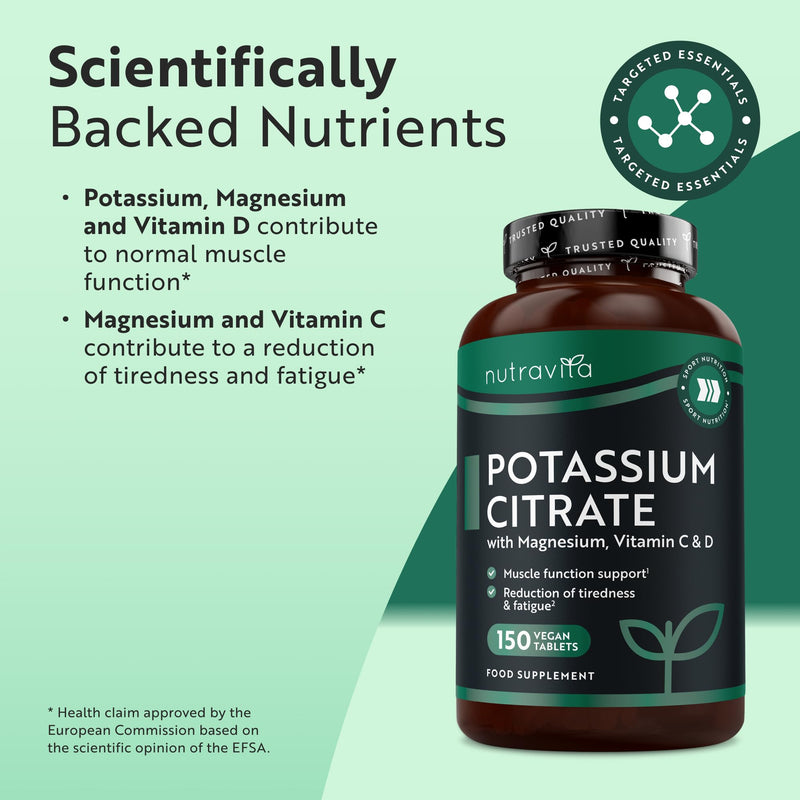 Nutravita Potassium Supplement 525mg with Vitamin C, D & Magnesium - 150 Vegan Tablets - High Strength Potassium Citrate - Electrolytes Support - Contributes to Normal Muscle Function