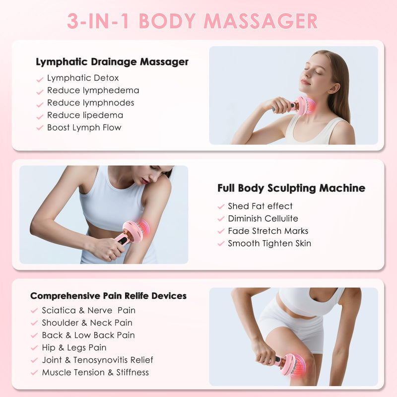 Handheld Body Massager for Lymphatic Drainage Lymphedema Lipedema | 4-in-1 Red Light Heat Vibration, Reduce Cellulite Stretch Marks, Relieve Sciatica Pain Device Pink