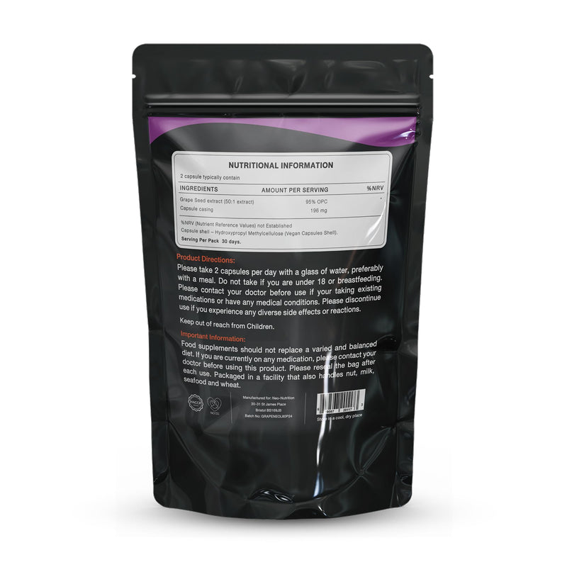 Organic Grapeseed Extract 25,000mg - High Strength 50:1 Extract - 60 Vegan Capsules - Resealable and Recyclable Pouch Neo Nutrition