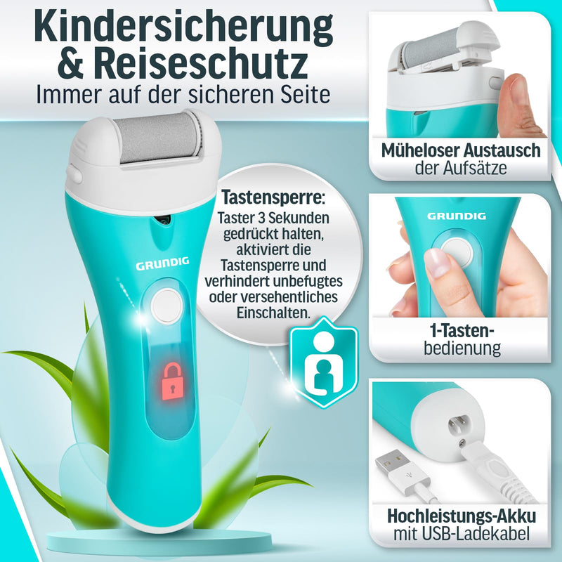 [Australia] - Grundig electric callus remover Pro - quickly remove calluses without bending - premium battery-powered callus remover wet + dry with work light, 3 foot rollers, rechargeable (callus remover) turquoise white 