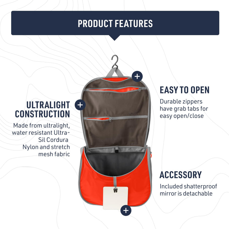 Sea to Summit Large Hanging Toiletry Bag, Travel Organizer, Spicy Orange | Ultralight hanging toiletry bag with multiple compartments organizes makeup and toiletries for travel and outdoor adventures
