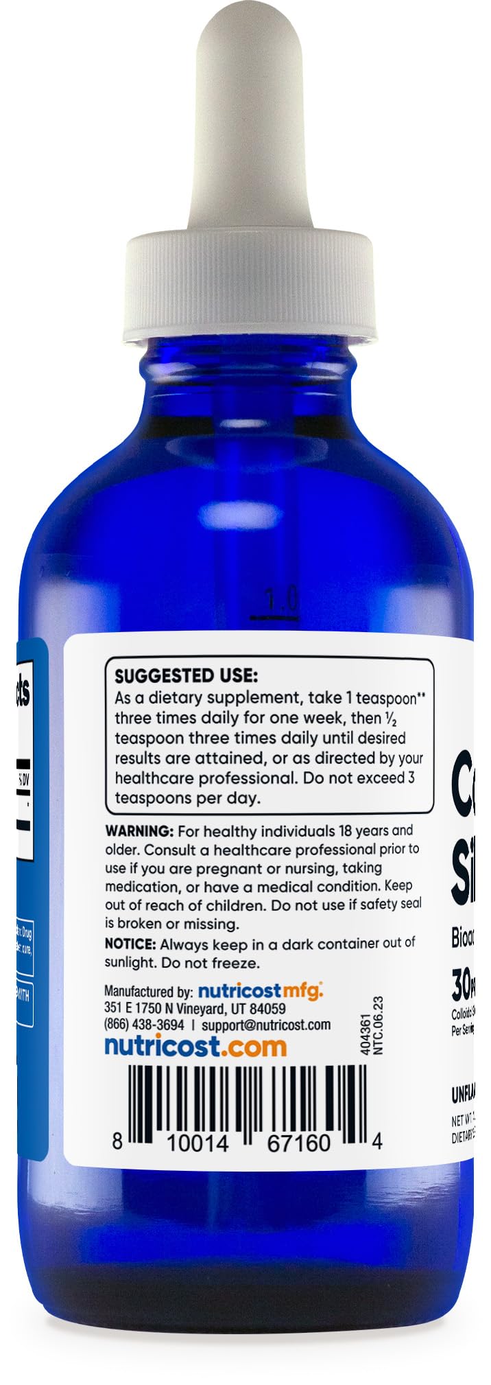 Nutricost Colloidal Silver 4oz 30PPM - Cobalt Blue Glass Bottles, Bio-Active Colloidal Silver Unflavored 4 Fl Oz (Pack of 1)