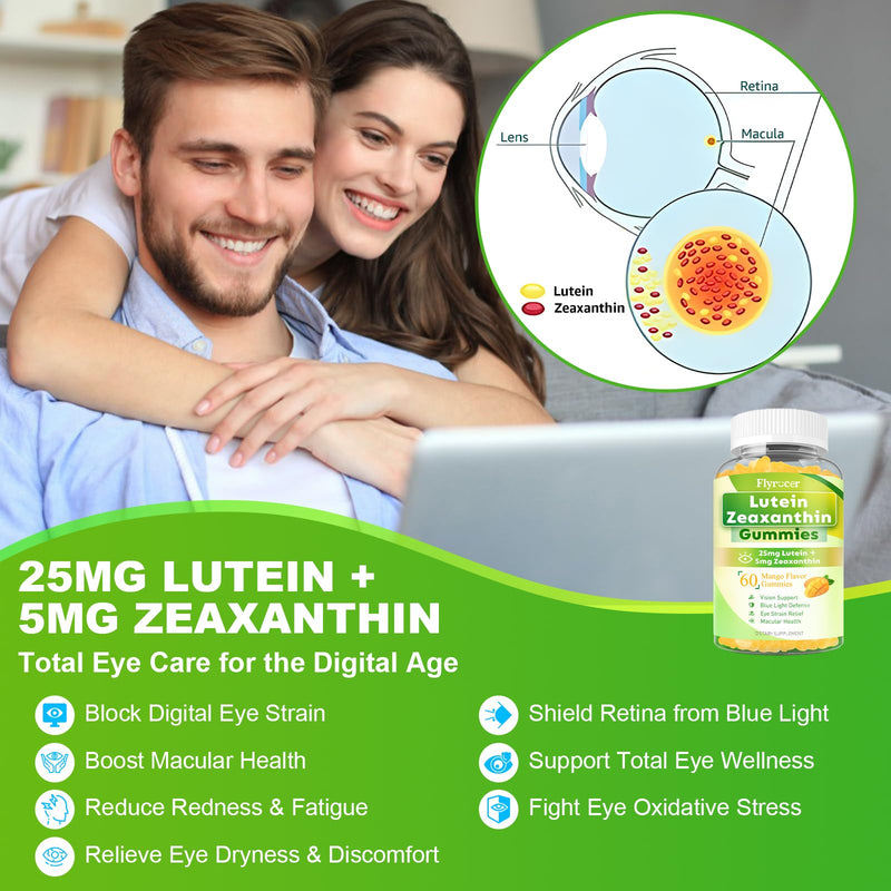 [Australia] - Sugar Free Lutein Gummies 25mg, Lutein and Zeaxanthin Supplements for Eye Health, 13-in-1 Eye Care Formula with Omega-3 Bilberry Saffron & Vitamins-Vision Health, Eye Strain, Dry Eyes, Vegan 60 Count Mango 60 Count (Pack of 1) 
