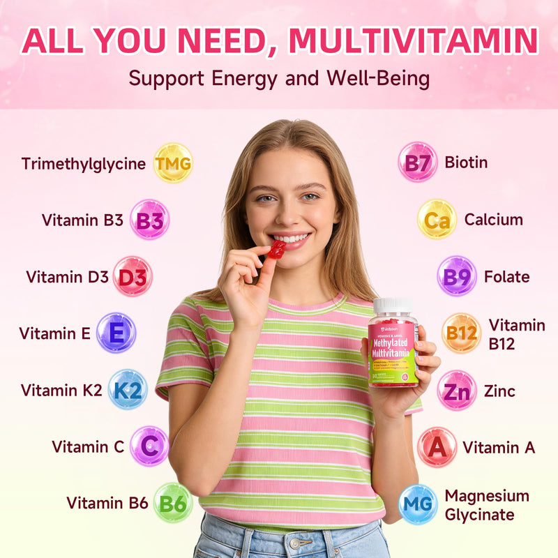 Methylated Vitamin B Complex Gummies for Women & Men, Multivitanins Gummy with Vitamin A, C ,E, Methylfolate & B12, TMG, Calcium, D3 K2, Magnesium & More for Overall Health-Vegan, Sugar Free,120 Cts 60 Count (Pack of 2)