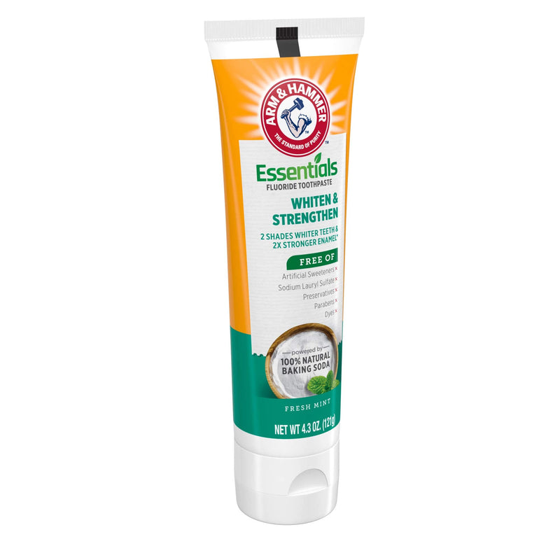 [Australia] - ARM & HAMMER Essentials Whiten & Strengthen Fluoride Toothpaste-4 Pack of 4.3oz Tubes, Fresh Mint- 100% Natural Baking Soda- Fluoride Toothpaste 