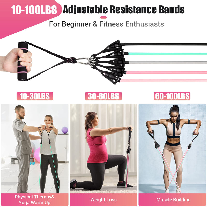 [Australia] - Resistance Bands with Handles for Women, 5 Level Exercise Bands Workout Bands for Physical Therapy, Yoga, Pilates, Door Anchor, Storage Pouch 10-100 LBS Colour 