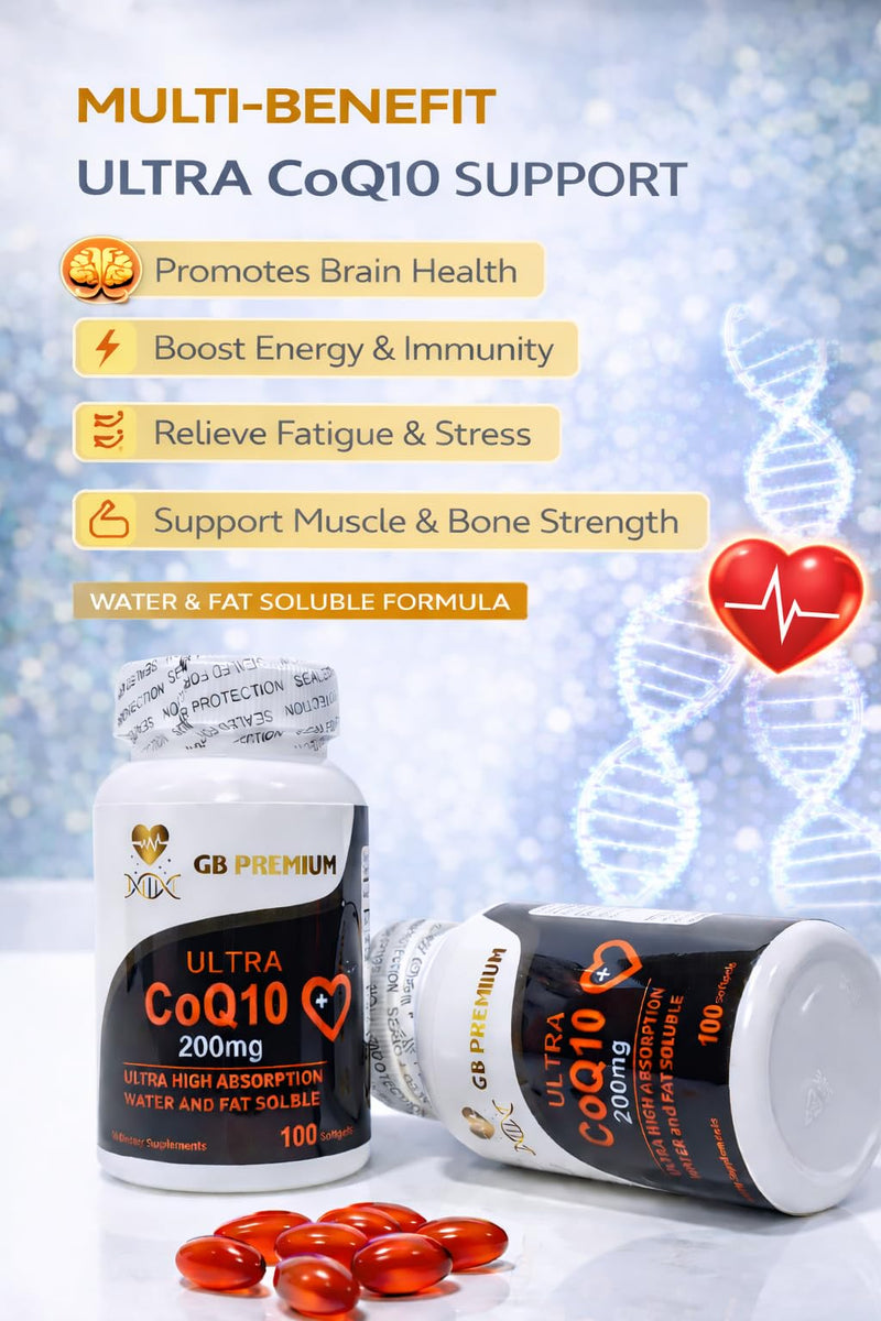 Coenzyme Q10 200mg Softgels, CoQ10 Ubiquinone Supplement, Water and Fat Soluble Formula, High Strength, 100 Count