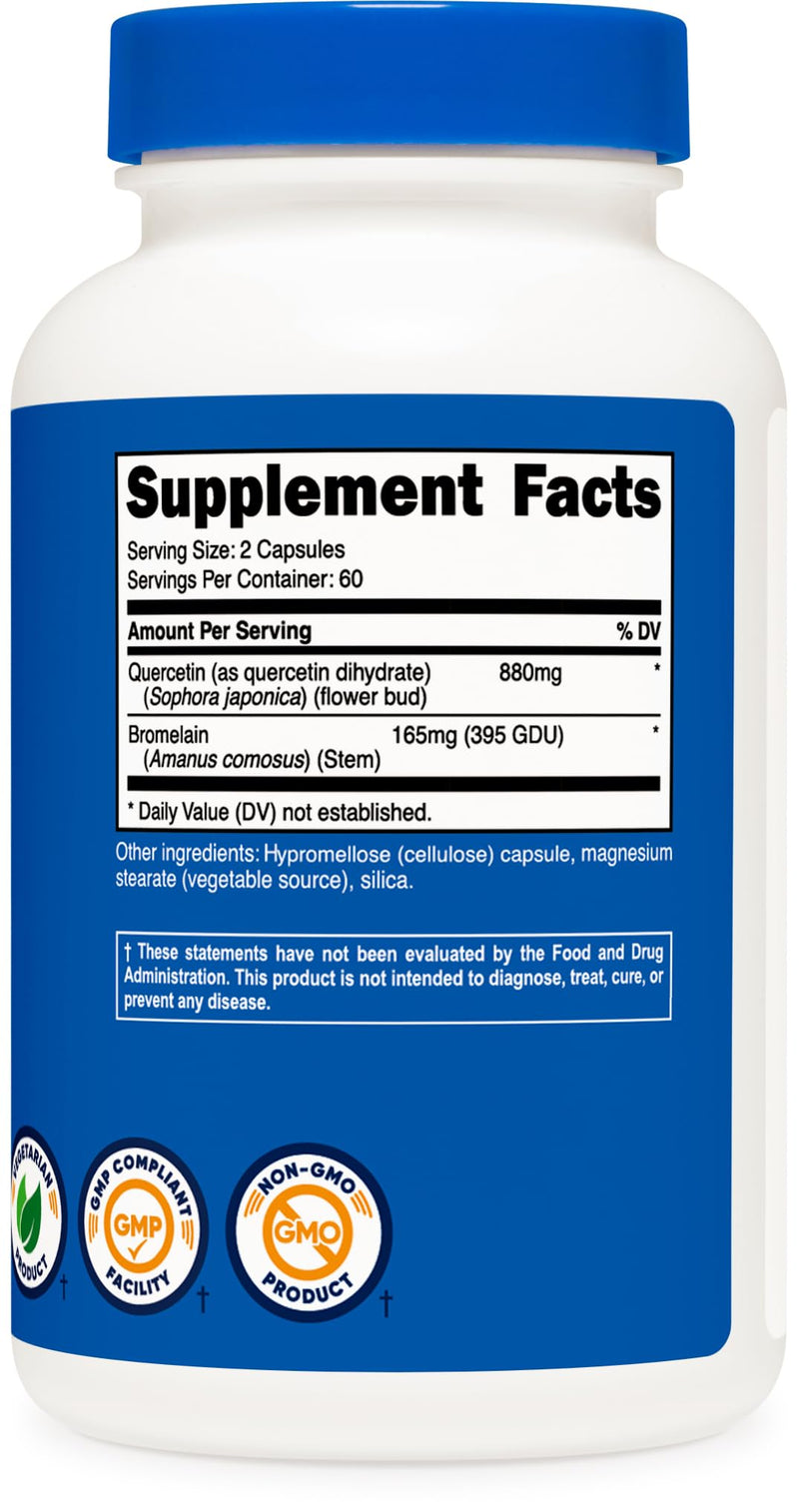 [Australia] - Nutricost Quercetin with Bromelain, 880mg Quercetin + 165mg Bromelain Per Serving, 120 Capsules, 60 Servings (2 Caps Per Serving) - Vegetarian, Non-GMO & Gluten Free 120 Count (Pack of 1) 