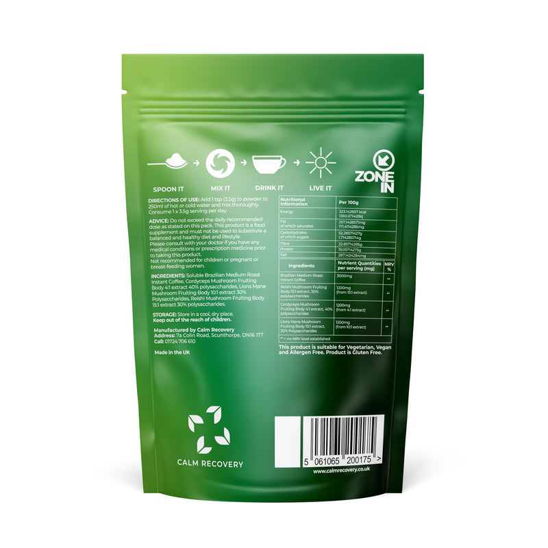 Zone in Mushroom Coffee 105g, 30 Servings with Lion's Mane. Cordyceps, Reishi & Ashwagandha - Advanced Functional Mushroom Complex, Mushroom Supplement, Experience Sharper Focus & Energy