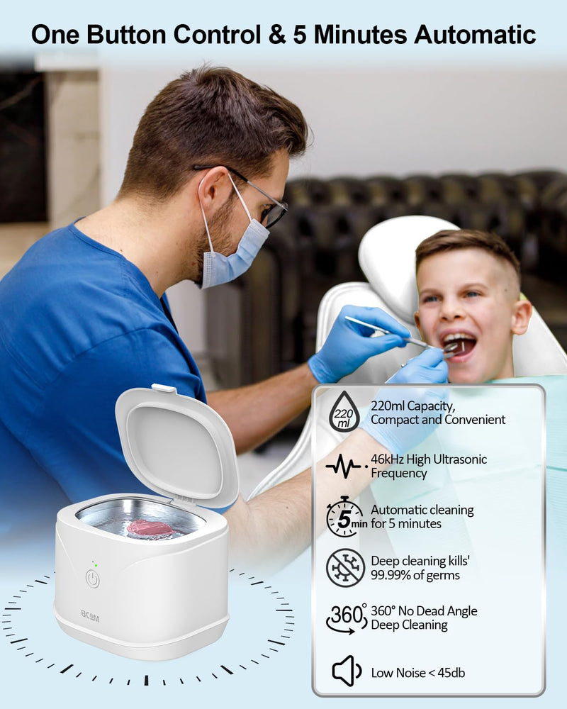 BCOM Ultrasonic Retainer Cleaner, 46Khz Jewelry Cleaner Machine for Rings | 18W Portable Dental Cleaning Pod for Braces, Night Guard, Mouthguard, Toothbrush, Denture, 220ml 304 Tank, Quiet 45 dB, White 228ml
