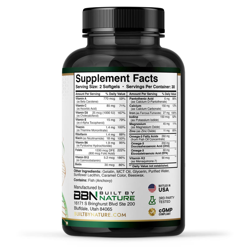 Built by Nature Prenatal Vitamins for Women, 60 Softgels | DHA, Iron, Folic Acid, Prenatal Multivitamin