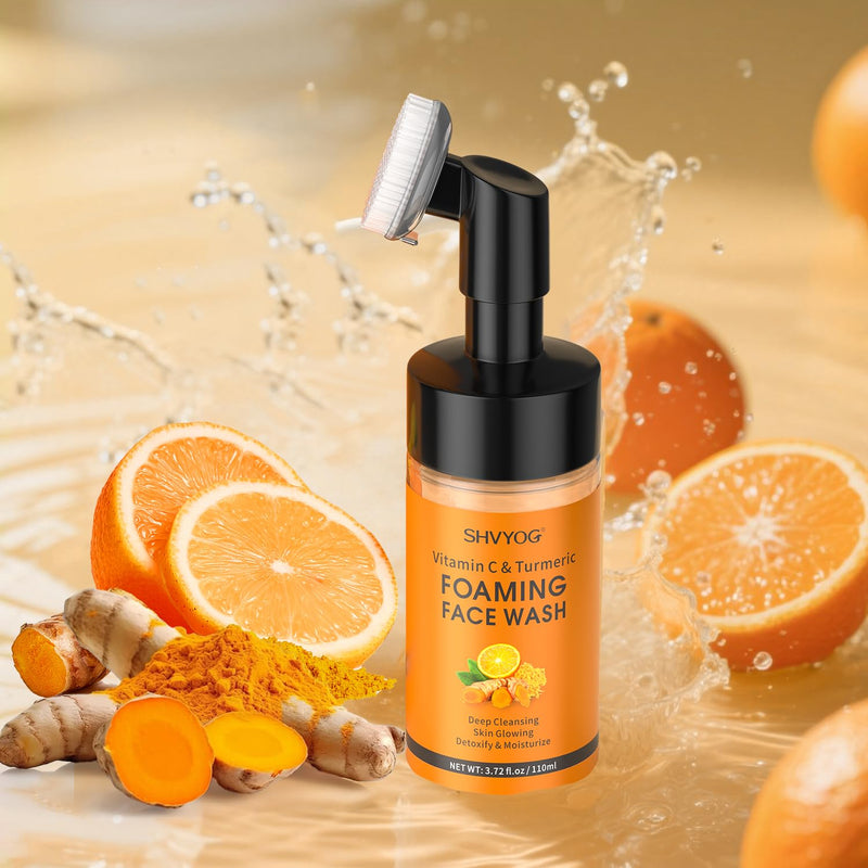 SHVYOG Vitamin C Turmeric Face Wash, Turmeric Foaming Facial Cleanser for Dark Spot, Uneven Skin Tone, Skin Cleansing, Moisturizing, Exfoliating Facial Cleanser with Brush,Unisex