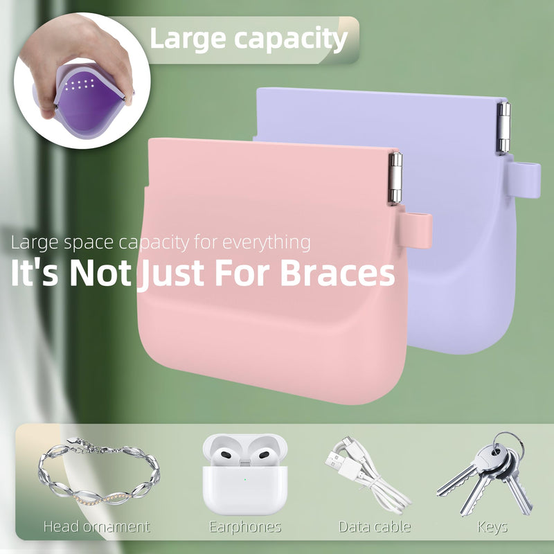 Nearockle 2 Pack Silicone Retainer Case with Lanyard, Soft Denture Case with Vent Holes Compatible for Invisalign, Portable Mouth Guard Case Travel Containers (Pink+Purple) Pink+Purple