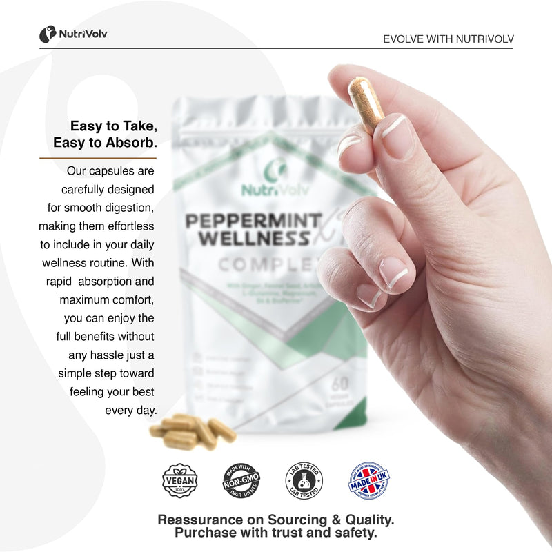 Peppermint Wellness XR Complex | 60 Vegan Capsules | Digestive Comfort, Bloating Relief, Calm Gut Function & Post-Meal Ease | Peppermint Oil, Ginger, Fennel, L-Glutamine, Magnesium & B6 | by NutriVolv