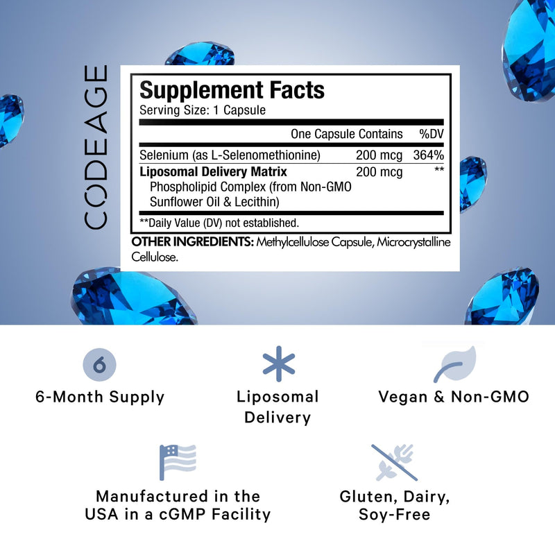 [Australia] - Codeage Selenium 200 mcg Supplement, 6-Month Supply, Immune Support, Mineral Cofactor Selenomethionine, Phospholipids, Vegan, Liposomal Delivery, 180 Capsules Unflavored 180 Count (Pack of 1) 