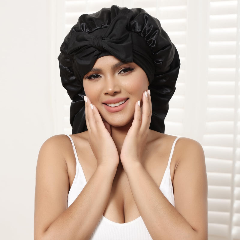 [Australia] - AWAYTR Long Satin Bonnet for Women - Double Layer Elastic Silk Bonnet for Braids Hair Sleeping Cap with Tie Band (Black) One Size Black 
